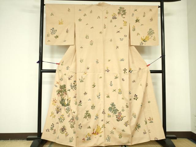 平和屋着物▽訪問着　単衣　紬地　型染　花鳥文　正絹　逸品　DABE1523op｜平和屋