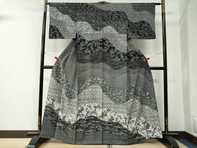 平和屋着物●訪問着　江戸小紋　作家物　立波花鳥唐草文　黒地　正絹　逸品　CABE2969yc｜平和屋