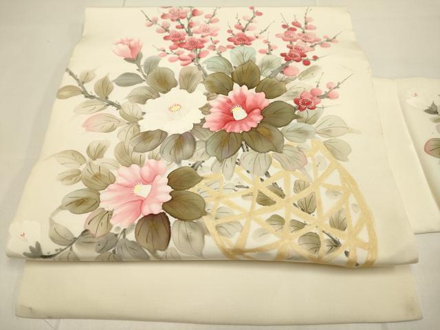 平和屋着物●内山晴祥　手描き　塩瀬　九寸名古屋帯　花籠文　金彩　正絹　逸品　DABD2084du｜平和屋
