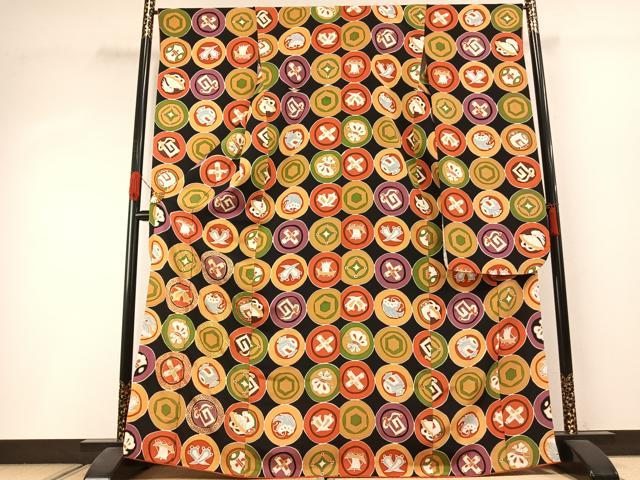 平和屋着物●豪華振袖　丸文　黒地　金彩　正絹　逸品　AABI1644fy｜平和屋
