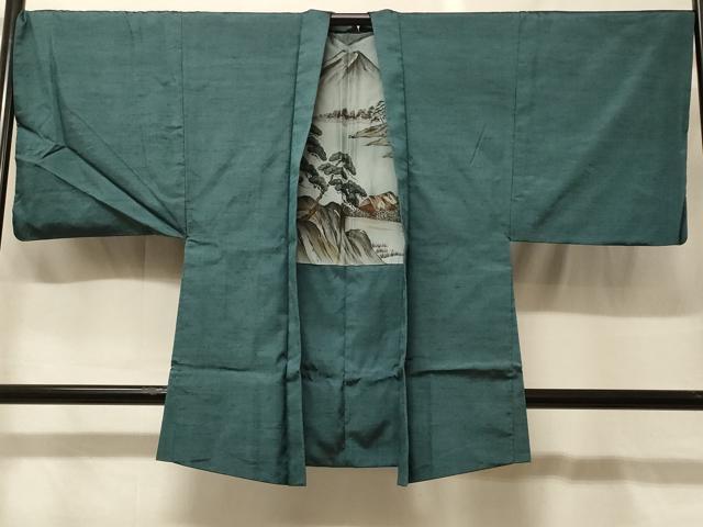 長閑やかさ屋御召しもの＃成人男性 羽織 紬地 錆浅葱色 正絹 珠玉 CABG8023インチ
