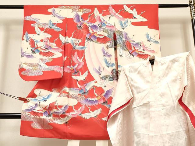 平和屋着物[]七五三　女の子　３歳　祝着　三つ身　長襦袢(袷)セット　群れ鶴　金銀彩　逸品　DABC5163ma｜平和屋