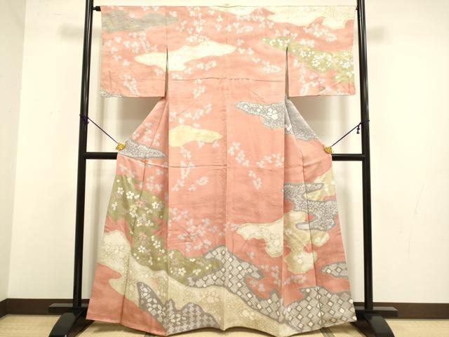 長閑やかさ屋お召しもの●短い訪問着  絞り 水筋花文 金糸 正絹 珠玉 DABB9785du