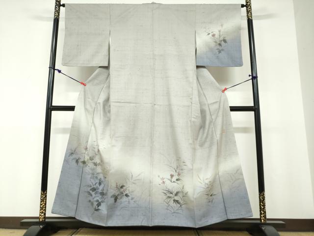 長閑やかさ屋御召しもの●短い訪問着 執筆者物 紬地 手書き 顕花植物文 正絹 珠玉 DABF1294ud