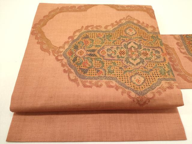 長閑やかさ屋御召しもの●中国三大刺しゅう スワトウ刺しゅう 汕頭刺繍 総刺しゅう 九寸名古屋帯 紬地 洋花文 正絹 珠玉 DABD0852op