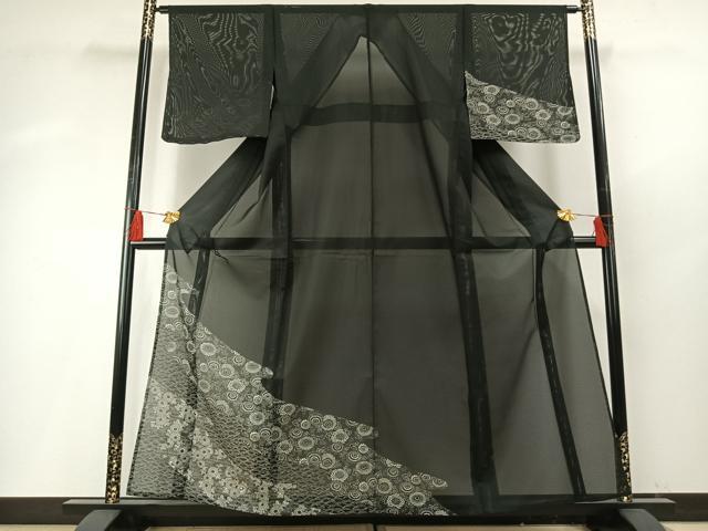 長閑やかさ屋御召しもの＊夏物 短い訪問着 絽 型染め 被子植物文 黒地 洗える御召しもの 未当て嵌める AABF5834fy