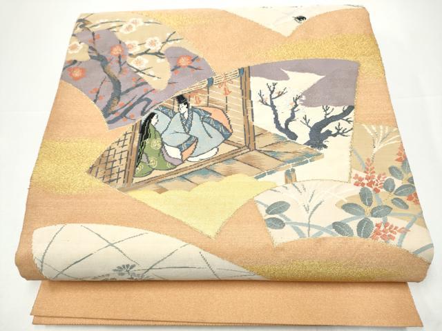 長閑やかさ屋お召しもの●爪掻き本綴れ 膜鳴楽器柄袋帯 重要人物西洋紙枝花文 現ナマ糸 正絹 珠玉 CABH4997hy