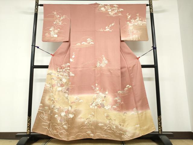 長閑やかさ屋御召しもの●短い訪問着 水流被子植物文 暈し染め 金彩 正絹 珠玉 DABF1295ud