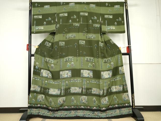 長閑やかさ屋お召しもの●短い訪問着 中国三大刺しゅう スワトウ刺しゅう 汕頭刺繍 重要人物壁画飾花文 暈し染め 金糸 正絹 珠玉 AABH7199cs レディースファッション-着物
