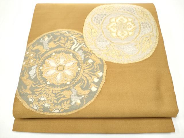 長閑やかさ屋御召しもの●爪掻き本綴れ 膜鳴楽器柄袋帯 絵皿花文 現ナマ糸 正絹 珠玉 CABH4999hy