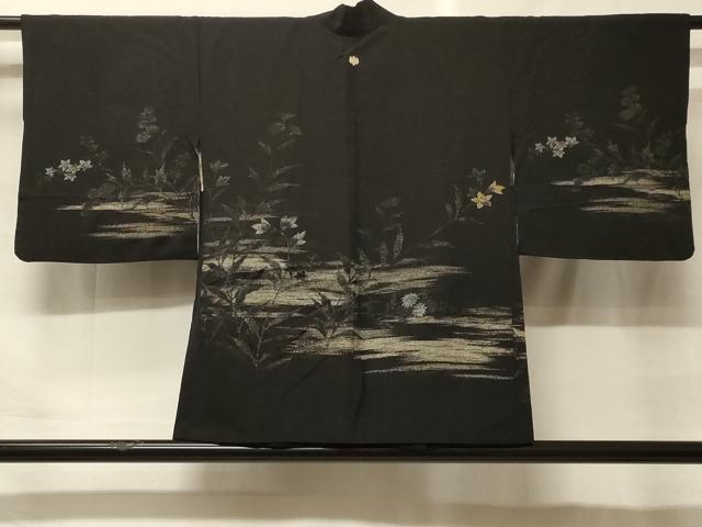 平和屋着物＃羽織　寿光織　霞枝花文　黒地　銀糸　正絹　逸品　CABF9151in｜平和屋