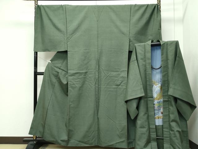 平和屋着物●極上 男性 紬 アンサンブル キングサイズ 色無地 麹塵色 逸品 CZAA5604s6|平和屋