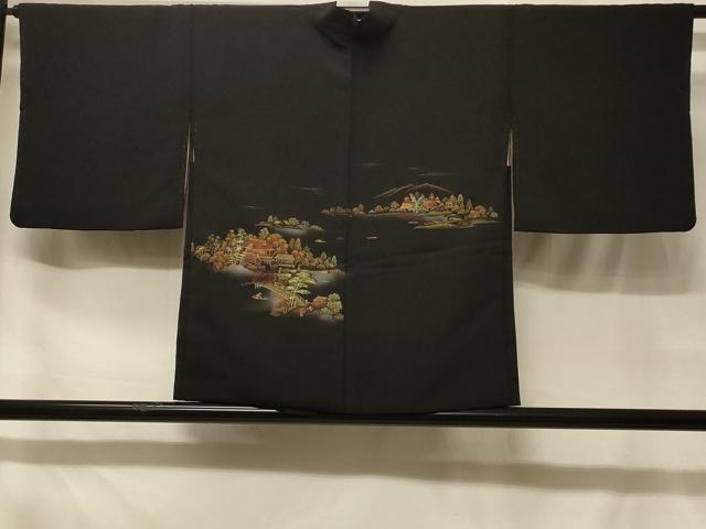 平和屋着物#羽織 寿光織 人物風景文 暈し染め 黒地 金糸 正絹 逸品 CABF8831in|平和屋