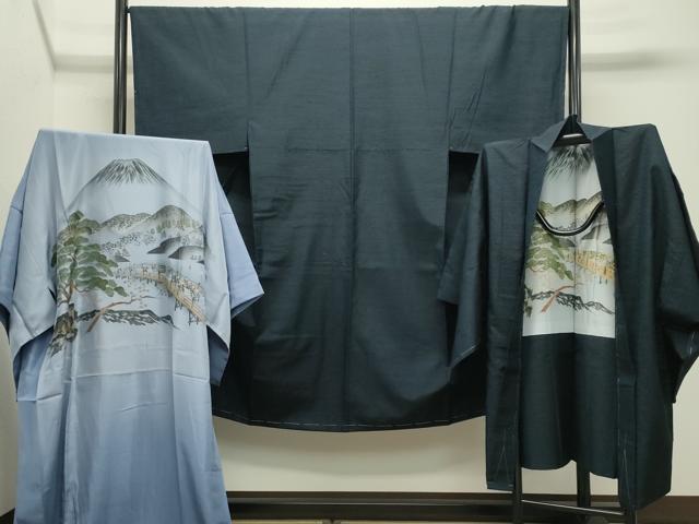 長閑やかさ屋御召しもの●成人男性 紬 髭紬羽織・長襦袢書き割り 色無地 濃藍色 正絹 珠玉 CABD8903gh