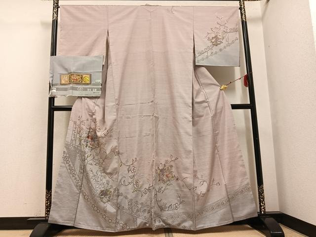 平和屋着物●訪問着　本場大島紬　中国三大刺繍　汕頭刺繍　スワトウ刺繍　草花文　玉椿　証紙付き　正絹　逸品　AABG4112ph｜平和屋