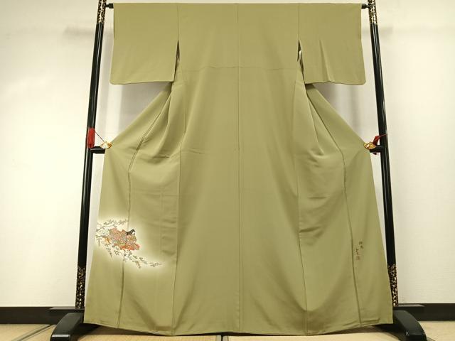 長閑やかさ屋御召しもの●色留短い訪問着 絵描き物 重要人物文 青朽葉色 暈し染め 正絹 珠玉 AABI1588fy