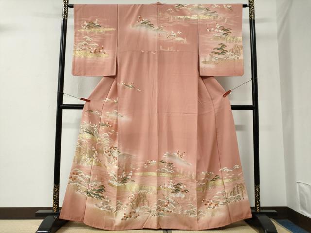 長閑やかさ屋御召しもの●短い訪問着 駒刺しゅう 霞枝垂れ柳松竹梅花文 暈し染め 金彩 正絹 珠玉 CABE2977yc