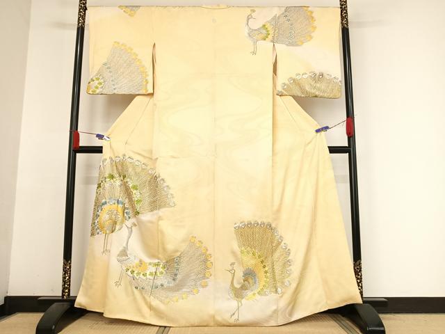 長閑やかさ屋御召しもの●短い訪問着 総刺しゅう クジャク文 暈し染め 現ナマ糸 正絹 珠玉 AABH4565ck