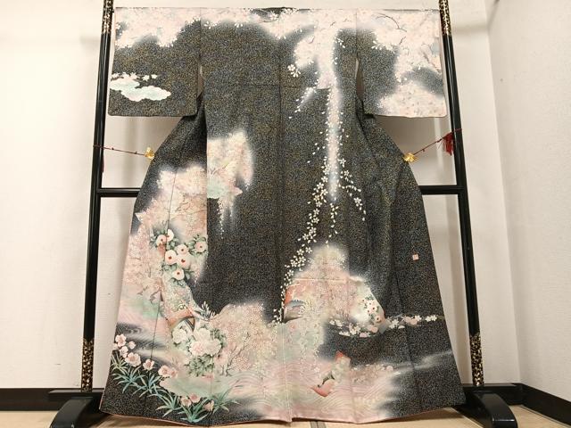 平和屋着物●大正の浮世絵師　竹久夢二　夢二ロマン　訪問着　草花文　暈し染め　黒地　金銀彩　正絹　逸品　AABG4090ph｜平和屋