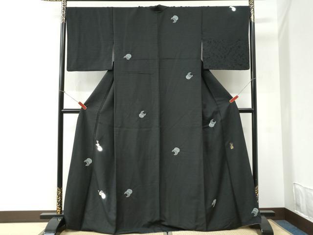 平和屋着物●野村一峰　訪問着　紬地　兎　三日月　蛍暈し　黒地　正絹　逸品　CABI2506yc｜平和屋