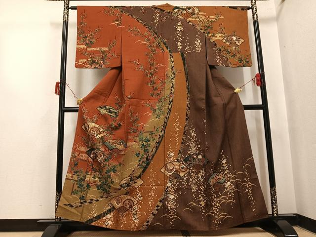 長閑やかさ屋御召しもの●短い訪問着 扇子花鳥舞蝶文 暈し染め 金彩 正絹 珠玉 AABI8523ph