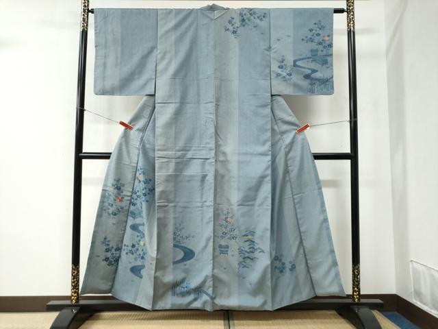 長閑やかさ屋御召しもの●万物の霊長国宝 五代 田畑喜八 短い訪問着 紬地 刺しゅう 竜田川文箱花文 正絹 珠玉 CABB4442yc