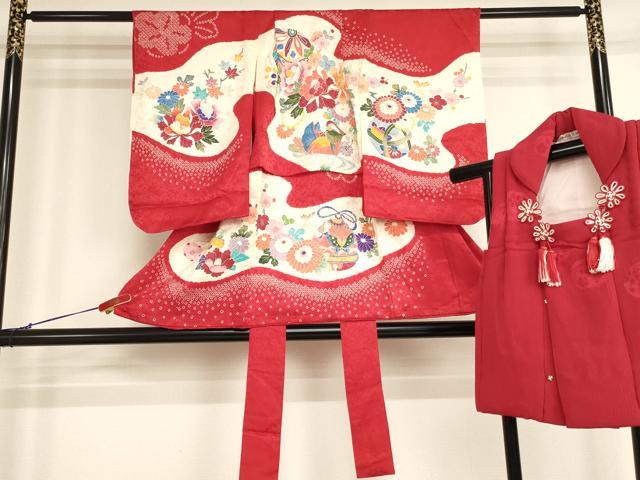 長閑やかさ屋お召しもの[]七五三 御姉さん ３歳 祝着 一つ身 厚地の外套仕掛ける 友禅 絞り 鴛鴦花手毬紋 正絹 珠玉 AABH2851ja
