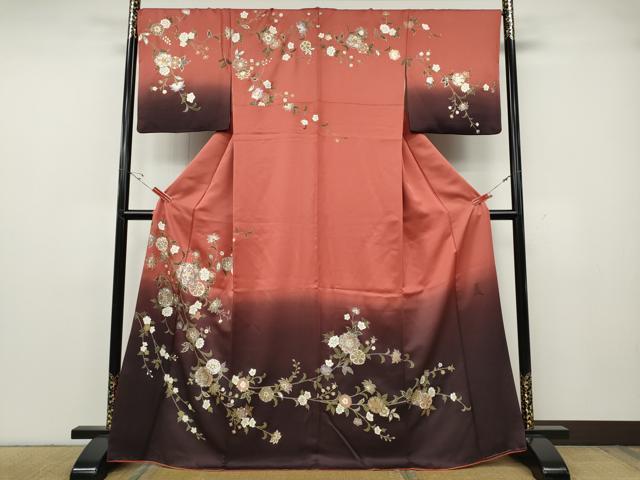 長閑やかさ屋御召しもの●英王族献上友禅絵描き 木下勝功 短い訪問着 枝花文 伝達ルート石ころ 暈し染め 金彩 正絹 珠玉 CABG5485ut