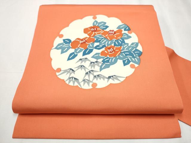 平和屋着物●塩瀬　九寸名古屋帯　型染め　雪輪草花文　正絹　逸品　CABD0411hy｜平和屋
