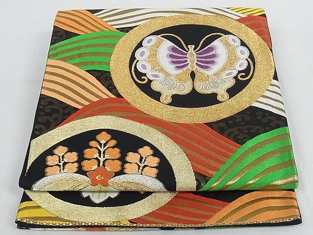 M257 夏帯　花模様　蝶々　唐織　絽　六通　正絹　袋帯 M257 夏帯 花模様 蝶々 唐織 絽 六通 正絹 袋帯 M257 夏帯 花