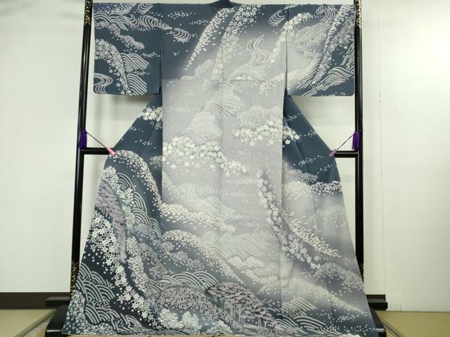 長閑やかさ屋御召しもの●飛び切り 短い訪問着 立波笹花文 暈し染め ロング丈 珠玉 新品 DZAB4948kh6