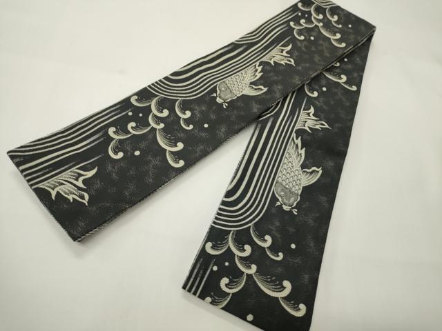 平和屋着物●男性　両面　角帯　鯉/コイ　市松文　黒地　銀糸　CABI4888ak｜平和屋