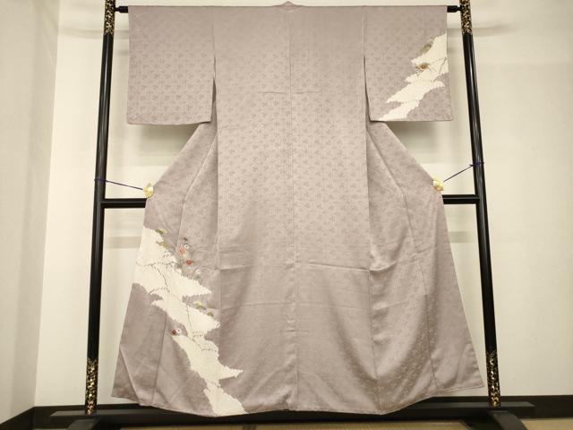 長閑やかさ屋御召しもの●短い訪問着 絞り 刺しゅう 水流被子植物文 金糸 正絹 珠玉 AABH5912ck