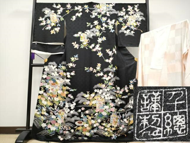 長閑やかさ屋中央局■より良い 築き上げる460年・千總 短い訪問着・長襦袢書き割り 駒刺しゅう 立波貝桶顕花植物文 黒地 金彩 珠玉 未当てはめる CYAA1312s5