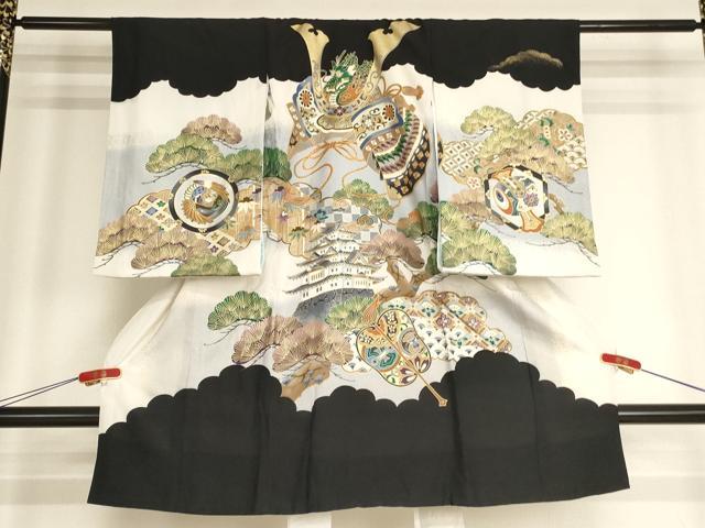 平和屋着物[]お宮参り　男の子　祝着　産着　初着　のしめ　兜　風景松文　暈し染め　金銀彩　逸品　AABH2865ja｜平和屋