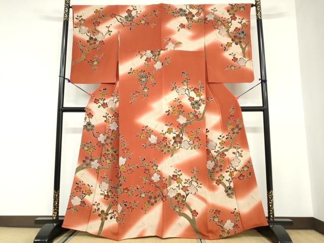 長閑やかさ屋お召しもの●短い訪問着 型染め 枝梅文 暈し染め 鬼しぼクレープ 正絹 珠玉 DABC2059ud