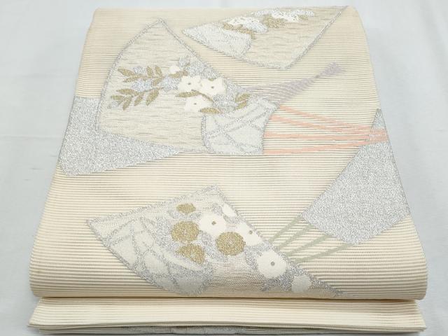 長閑やかさ屋御召しもの＊夏物 膜鳴楽器柄袋帯 絽綴れ 扇子花文 現ナマ糸 正絹 珠玉 CABH8224fb
