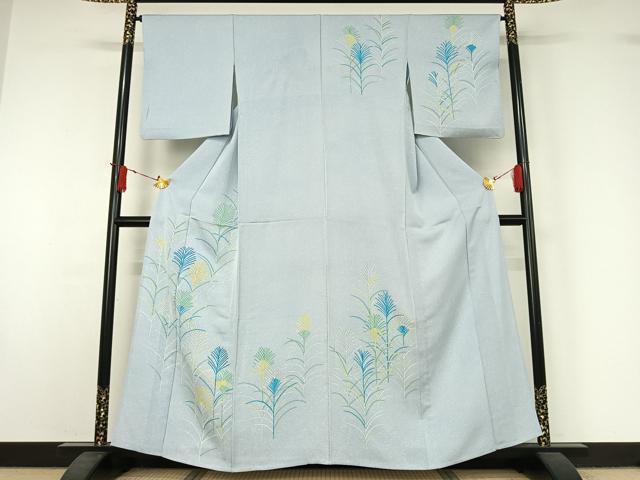 平和屋着物▽訪問着　単衣　刺繍　草葉文　正絹　逸品　AABJ1559jh｜平和屋
