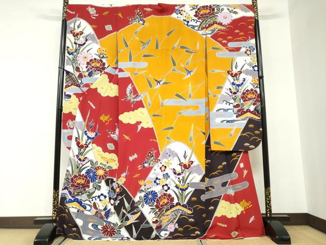 長閑やかさ屋御召しもの●手ざし京紅型染・宮崎紅型 宮崎良次 振袖 水流花鳥文 正絹 珠玉 DABC2543ud