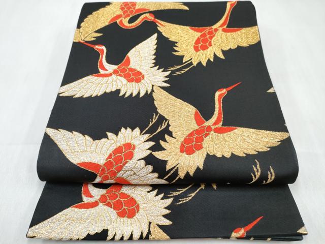 平和屋着物[]女の子　子供　全通柄袋帯　群れ鶴　黒地　金銀糸　逸品　DABE7481ma｜平和屋