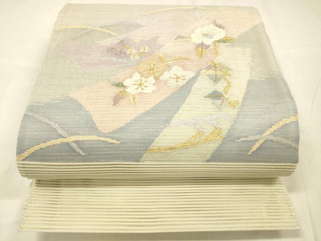 長閑やかさ屋お召しもの＊夏物 絽綴れ 膜鳴楽器柄袋帯 顕花植物文 現ナマ糸 正絹 珠玉 DABE6053糎
