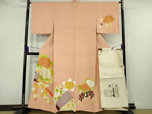 長閑やかさ屋中央局●より良い 銀座 志ま亀 短い訪問着 橘 名取り草 菊 赤香色地 金彩 たとう紙付き添い人 珠玉 DZAB5858kh6
