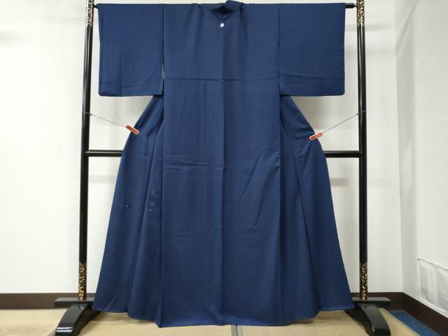 長閑やかさ屋御召しもの●短い訪問着 刺しゅう 扇子尽くし 紺青色 金糸 正絹 珠玉 CABB4496yc