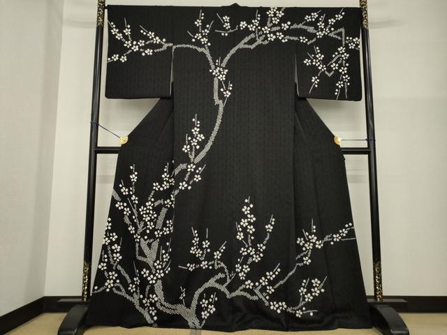 長閑やかさ屋御召しもの●短い訪問着 総絞り 枝花文 黒地 正絹 珠玉 AABG5275ck