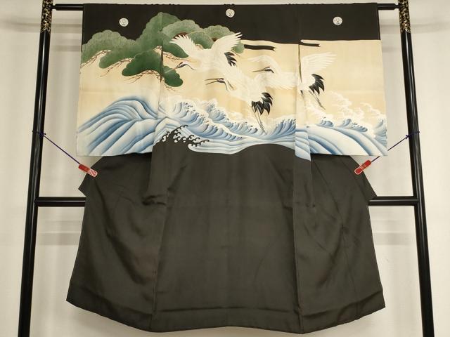 長閑やかさ屋お召しもの[]七五三 お坊っちゃん 7歳 祝着 墨付き 駒刺しゅう 飛鶴立波松文 金糸 金彩 正絹 珠玉 AABH2883ja