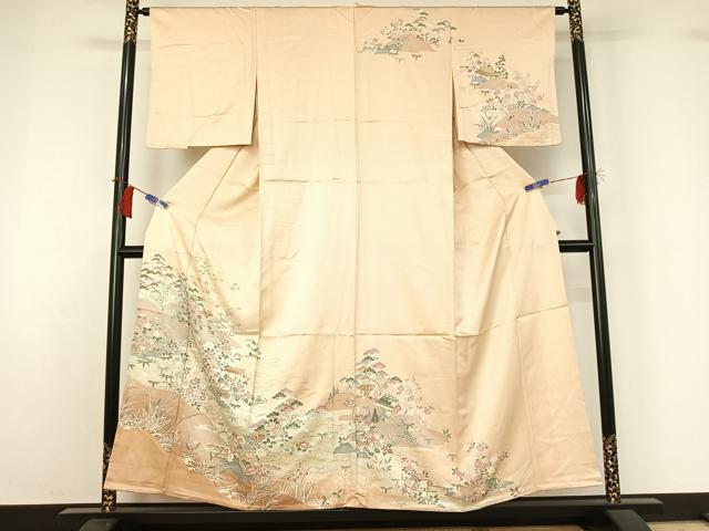 長閑やかさ屋御召しもの▽短い訪問着 単衣 見晴らし花文 金彩 正絹 珠玉 AABH8614jh