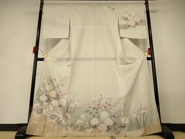 長閑やかさ屋御召しもの＊夏物 短い訪問着 絽 アジサイ 銀彩 ロング丈 正絹 珠玉 AABG7377jd
