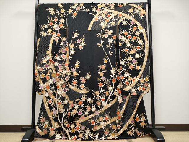 長閑やかさ屋中央局●飛び切り 十日町老舗ブランド名 吉澤友禅 吾妻徳穂 振袖 駒刺しゅう 絵巻橘文 黒地 金彩 珠玉 CYAA4566s6