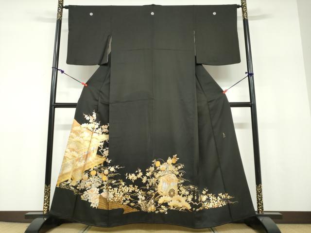 長閑やかさ屋お召しもの●金彩友禅 御前上等手なみ者・細工人・和田光正 黒留袖 長閑やかさ御所車顕花植物文 現ナマ彩 正絹 珠玉 DABF1258ud