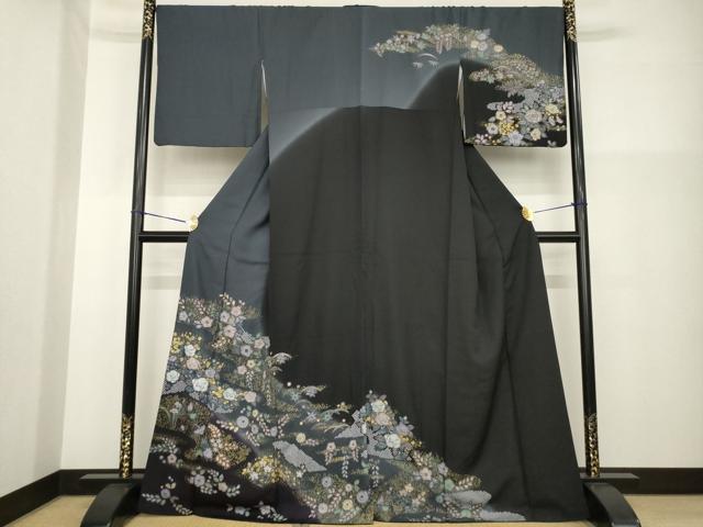 長閑やかさ屋御召しもの●短い訪問着 辻が花 黒地 金彩 正絹 珠玉 AABG5806ck